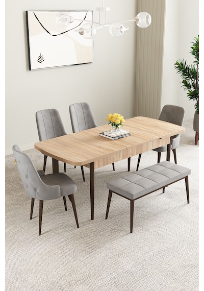 Clara Meşe Desen 80x132 Açılabilir Mdf Masa Yemek Odası Takımı,mutfak Takımı 4 Sandalye 1 Bench Gri Clara Meşe Desen 80x132 Açılabilir Mdf Masa Yemek Odası Takımı,mutfak Takımı 4 Sandalye 1 Bench Gri