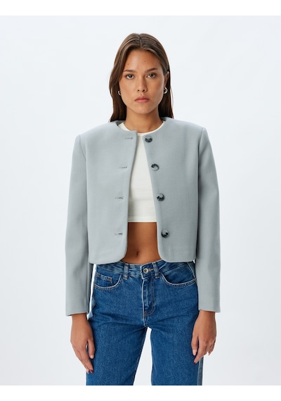 Koton Crop Ceket Yakasız Düğmeli Slim Fit Uzun Kollu Mavi 5wak20261ew Mavi