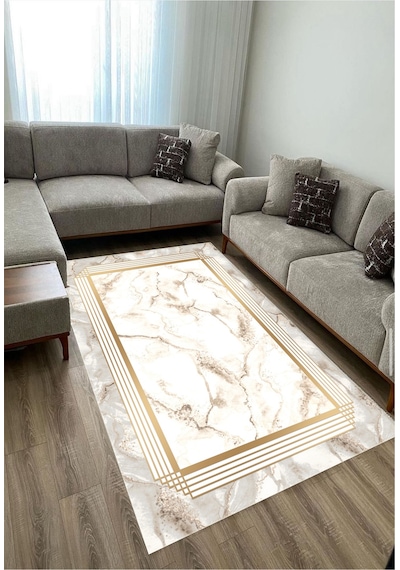 STY Home Gri Gold Dijital Baskı Salon Halısı Kaymaz Tabanlı Yıkanabilir Halı Yolluk 30 Gri