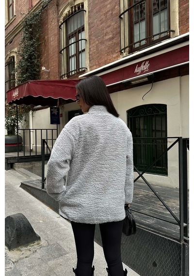 Myloore Gri Kadın Peluş Düğmeli Oversize Ceket Yumuşak Dokulu Mlb134