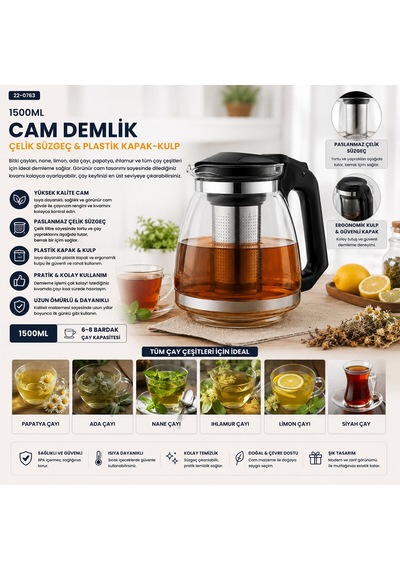 Çelik Süzgeçli Cam Demlik 1500ml 5639 1