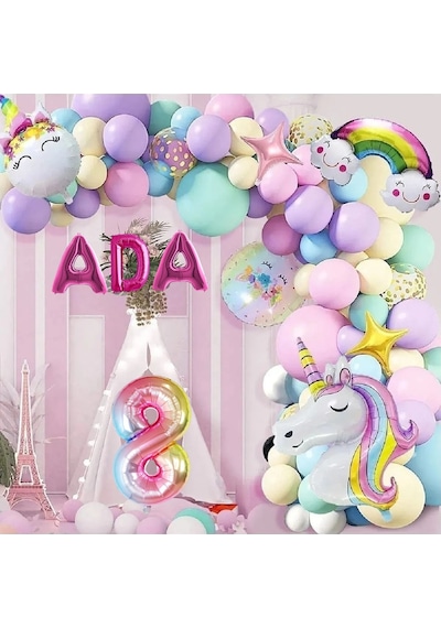3 Harfli Yaş Seçenekli Gökkuşağı Konseptli Unicorn Temalı Makaron Balon Doğum Günü Parti Kutlama Seti 1
