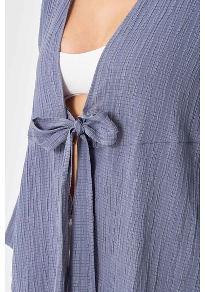 Armonika Kadın Gri Kendinden Çizgili Önden Bağlamalı Kimono Gömlek Arm-24y001101