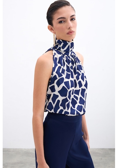 Sateen Boğazlı Kolsuz Bluz - Bej-lacivert-135950 Bej-lacivert