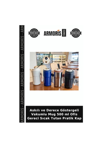 Askılı Ve Derece Göstergeli Vakumlu Mug 500 Ml Ofis Gereci Sıcak Tutan Pratik Kap Çok Renkli
