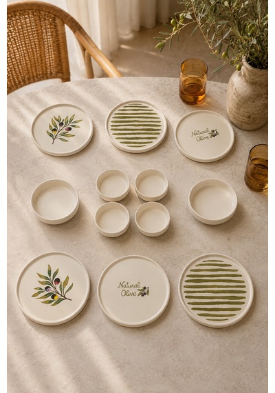 Oliva 12 Parça 6 Kişilik Handmade Stackable Seramik Tabak Seti Premium Sunum & Kahvaltı Takımı Beyaz