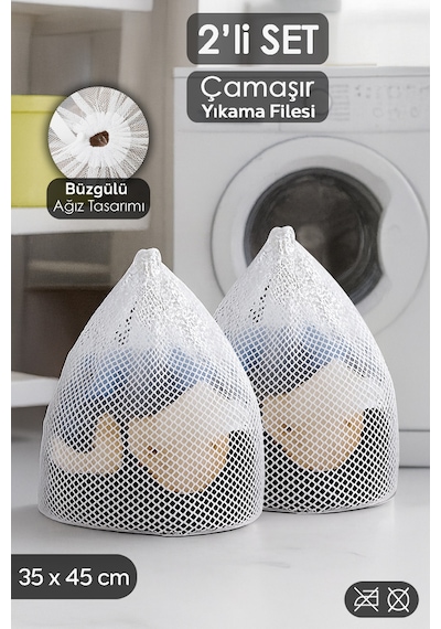 2'li İpli Çamaşır Yıkama Filesi Seti - Koruyucu Çamaşır Yıkama Torbası 35x45 Cm Beyaz