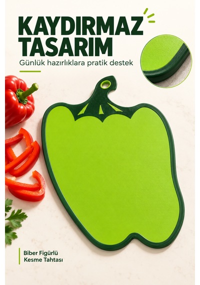 Biber Figürlü Kaydırmaz Kesme Tahtası 26x34,5 Cm Asılabilir Plastik Sebze Meyve Doğrama Panosu Yeşil