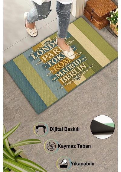 Valerine Life Dünya Başkentleri Yazılı İşyeri Ev Ofis Kapı Önü Dış Paspası 45x70cm Kahverengi