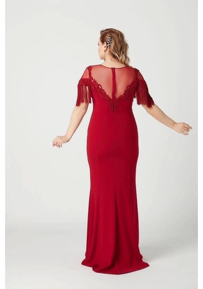 Moda Berray 8009 Işlemeli Püsküllü Büyük Beden Uzun Abiye Kırmızı Kırmızı