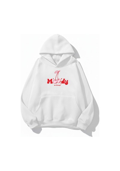 Uyguntarz Unisex Yumuşak Dokulu Moody Cheery Baskılı Tasarım Oversize 3 İplik Hoodie Sweatshirt beyaz