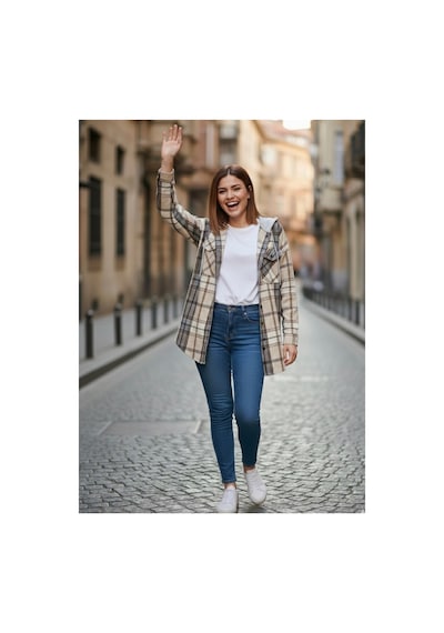 Polologin Butik Kadın Kahve Bej Kapüşonlu Ekose Oduncu Gömlek Ceket - Oversize Kalıp Bej