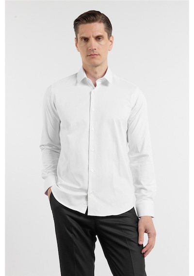 İmza Beyaz Sert Yaka Uzun Kol Cepsiz Slim Fit Pamuklu Gömlek 1004255228