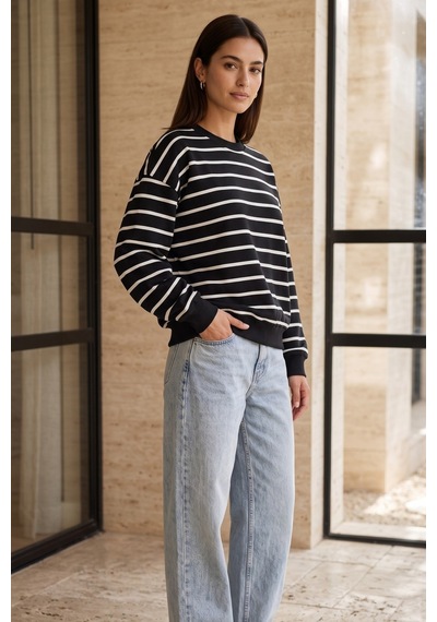 Rovebella Breton Çizgili İnce Penye Sweatshirt Siyah