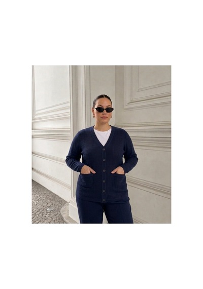 Onno Style Women Jakarlı Kendinden Desenli Çelik Örgü Triko Kadın Ceket Lacivert