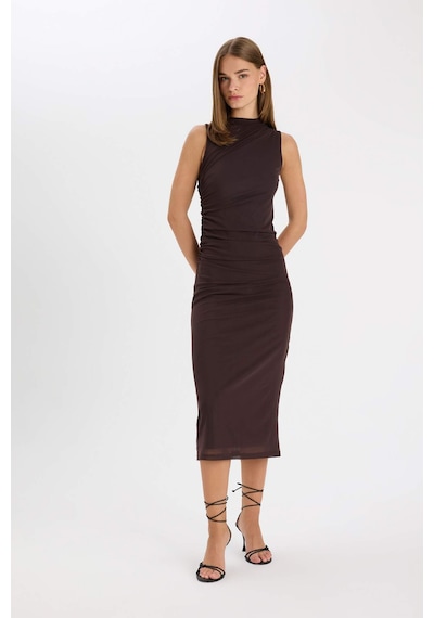 DeFacto Bodycon Vücudu Saran Yarım Balıkçı Yaka Basic Düz Tül Kolsuz Maxi Abiye Elbise C3519AX24AUBN539
