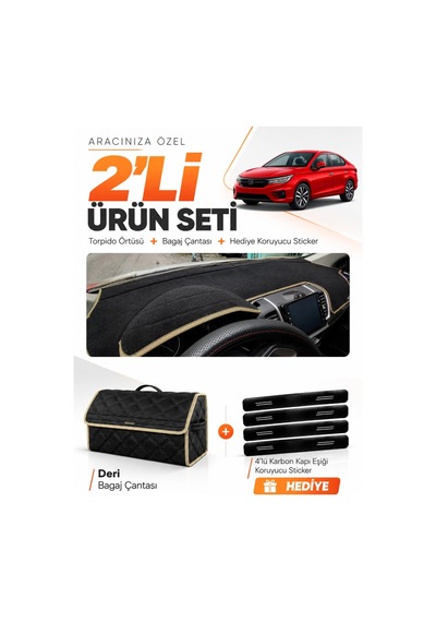 E-biz Honda Cıty 2020-2024 Uyumlu Torpido Örtüsü + Deri Bagaj Çantası Seti - Siyah-bej - Ho003