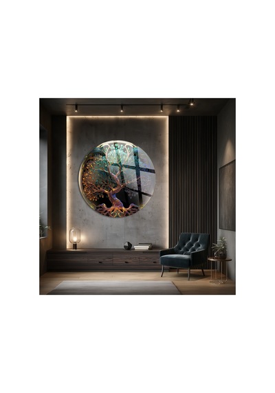 Hayat Ağacı Yuvarlak Cam Tablo Modern Sanat Tablosu Uv Baskılı Canlı Renkler Kafe Ve Ofis İçin Anlamlı Hediye Seçeneği Kolay Montaj Askılı
