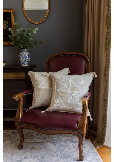 2 Adet Buldan İşi Dokuma Kırlent Kılıfı %100 Pamuklu Güpürlü Dantelli 43x43 R