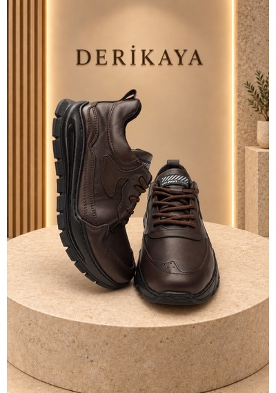Deri Kaya Erkek Kalın Taban Bağcıklı Günlük Sneaker Spor Ayakkabı Kahverengi
