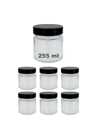 Afracam 255 Ml Kavanoz Metal Derin Kapaklı 255 Cc Şeffaf Reçel, Marmelat Cam Kavanoz Deep 6 Adet Siyah Kapak 12 Izgara