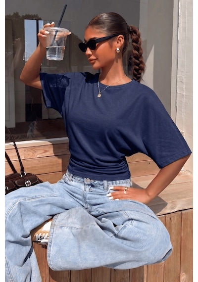 Genius Store Kadın Bele Oturan Geniş Kollu Bluz Yarasa Kol Siyah Bluz Yarasa-bluz Lacivert