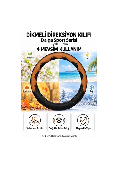 Trobus Hyundai Santa Fe 2024-2025 Uyumlu Dikmeli Direksiyon Kılıfı Dalga Sport Deri Siyah Taba Taba - Siyah