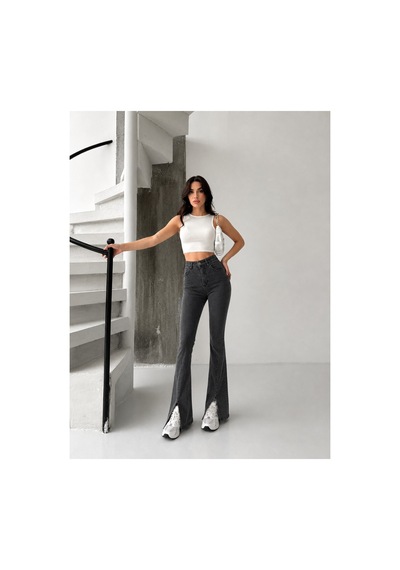 Kene Jeans Kar Siyah Ön Bacak Pens Yırtmaçlı Esnek İspanyol Paça Pantolon Kar Siyah