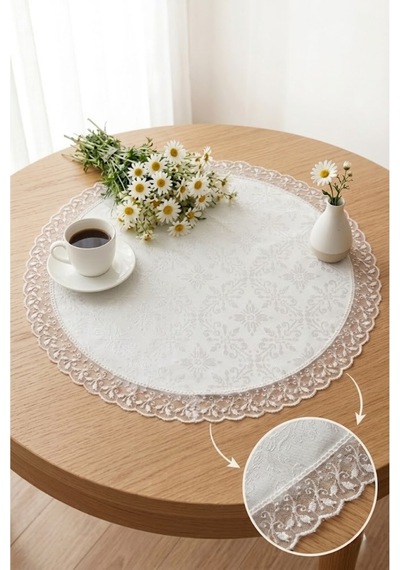Lüks Jakarlı Yuvarlak Runner Güpür Dantelli Masa Örtüsü 60 Cm Beyaz
