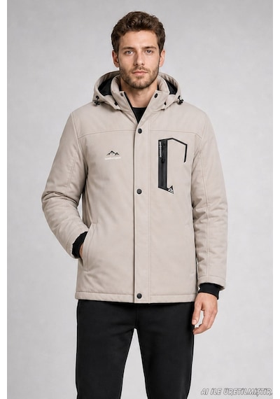 Freemen Erkek Kapüşonlu İçi Kürklü Su Ve Rüzgar Geçirmez Outdoor Softshell Mont-414 Taş