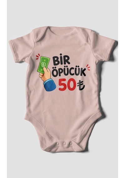 Morivokids Bir Öpücük 50tl Kısa Kollu Bebek Body %100 Pamuk Pastel Pembe