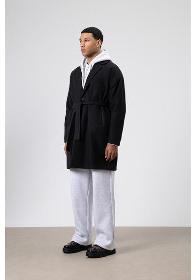 Vamos Kemerli Oversize Kaşe Kaban Siyah