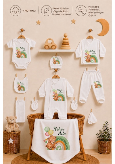 Pia Baby İsimli Kız Bebek Hastane Çıkışı 10 Parça %100 Pamuk Organik Baskılı Kişiye Özel Set 2083100x Ekru