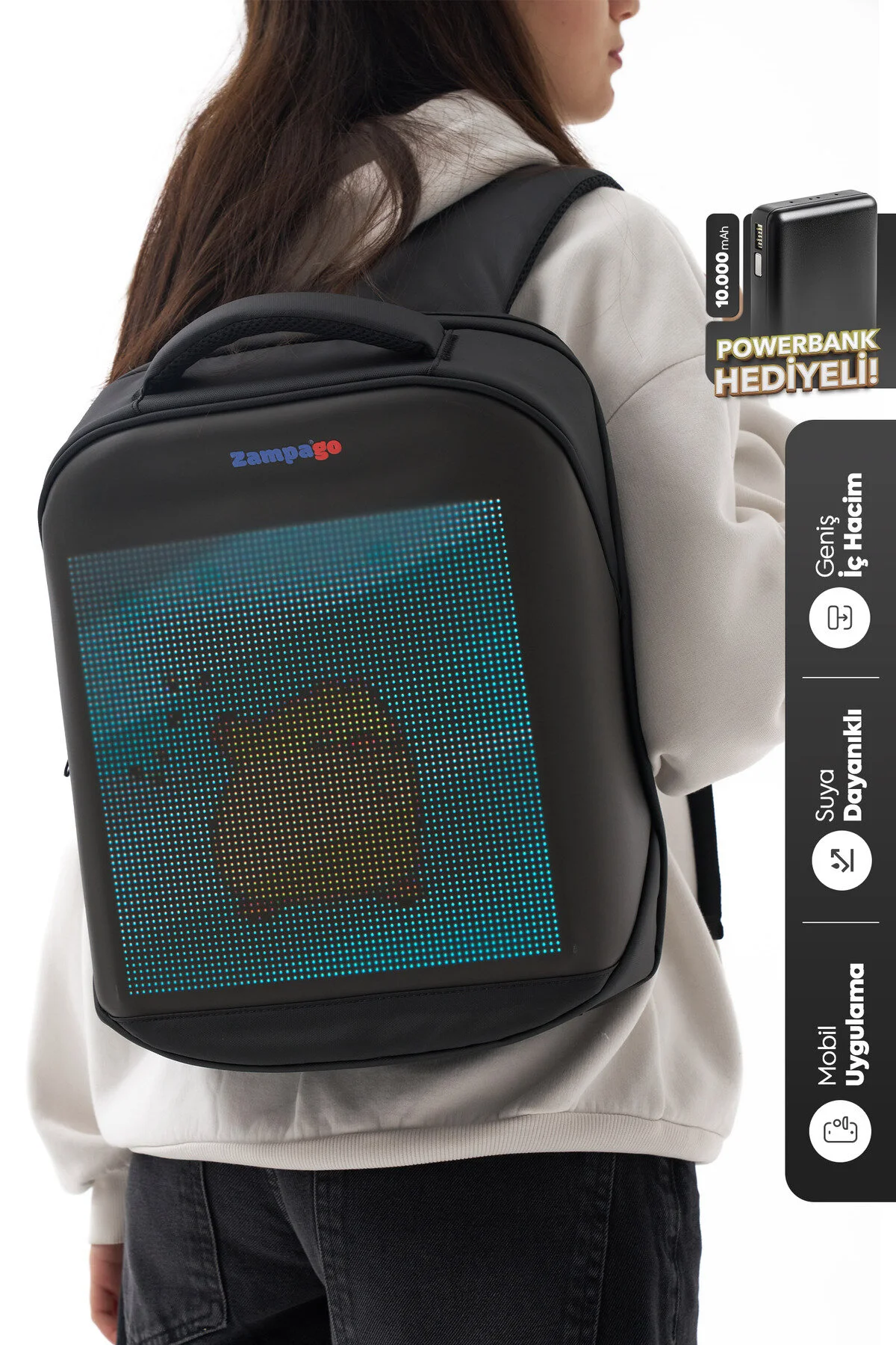 Zampago Led Ekranlı Akıllı Sırt Çantası Sert Kasa, Usb Şarj Girişli, Animasyonlu Işıklı Ekran Siyah