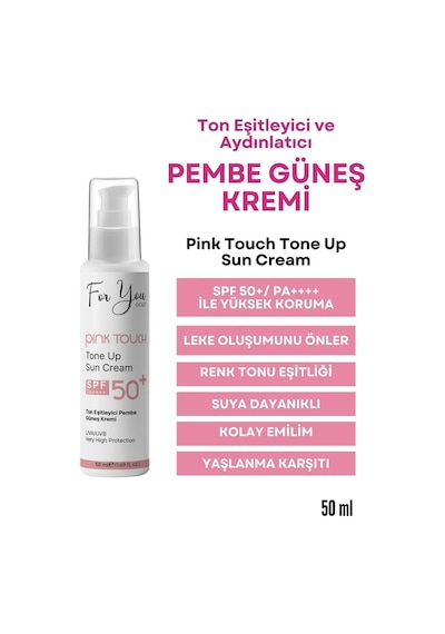 Pink Touch Spf 50 Ton Eşitleyici, Aydınlatıcı Pembe Yüz Güneş Kremi Pa Spf 50