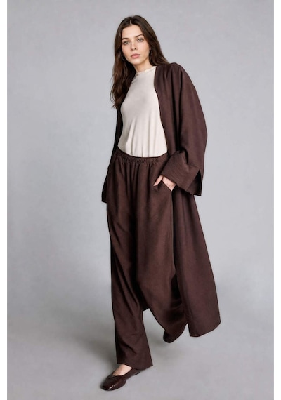 Defacto Regular Fıt Düşük Omuzlu Uzun Kollu Kahverengi Kimono I0703ax26hsbn340 Kahve-bn340