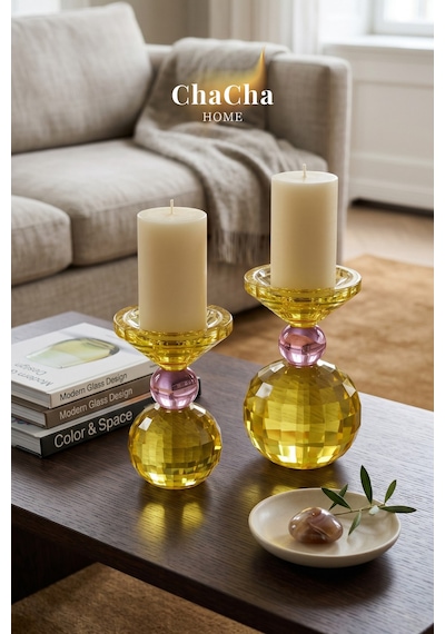 Chacha Home Crsyball Renkli Kristal Mumluk - Dekoratif Cam Şamdan- Küçük Boy - 15x25 Cm Sarı