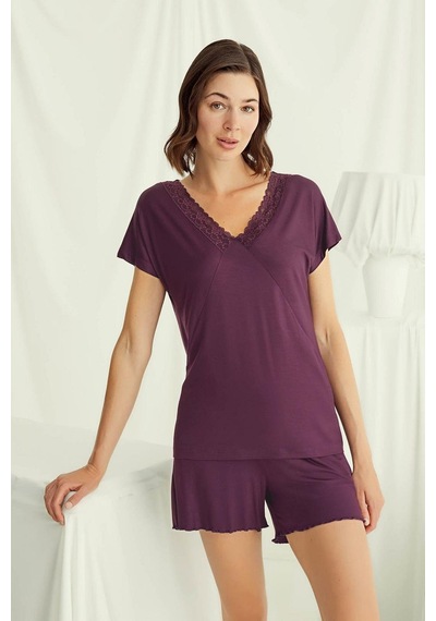 Monamise 18499 Kadın V Yaka Kısa Kollu Şortlu Pijama Takımı-bordo Bordo