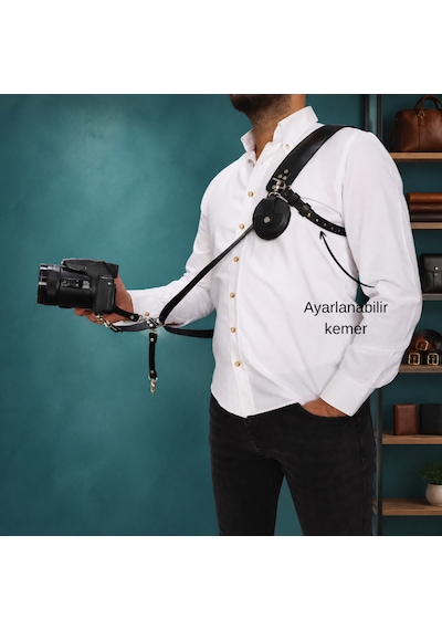 Siyah Renk Fotoğraf Makinesi Tek Taraflı Omuz Askısı Nikel Renk Aksesuar