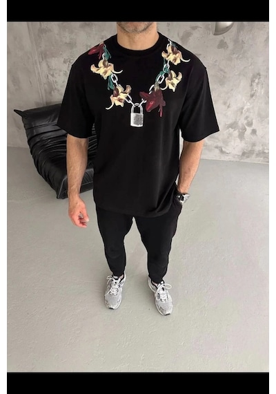 Barlashive Erkek Baskılı T-shirt Kısa Kol Bisiklet Yaka Regular Fit Rahat Tişört - Siyah Çok Renkli