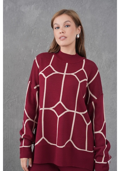 Park Karon Kadın Dik Yaka Desenli Oversize Kazak Pantolon Triko Alt-üst Takım Bordo Park Karon Kadın Dik Yaka Desenli Oversize Kazak Pantolon Triko Alt-üst Takım Bordo