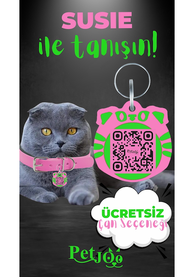 Petjoo 3.Susie Yeşil-Pembe Qr'lı Kedi Künyesi