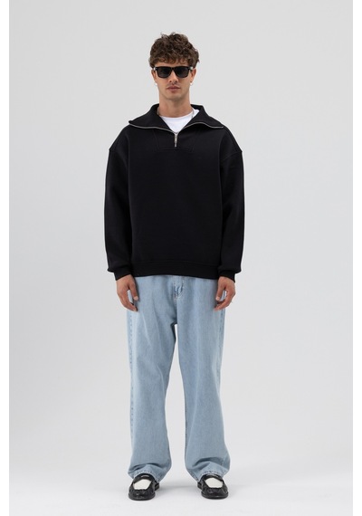 Vamos Basic Fermuarlı Dik Yaka Sweatshirt Siyah