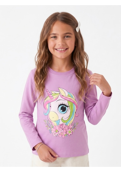 Onloox Kız Çocuk Lila Kız Çocuk Lila Pamuklu Bisiklet Yaka Uzun Kollu Tam Kalıp Unicorn Baskılı Tişört 1.5-3 Yaş