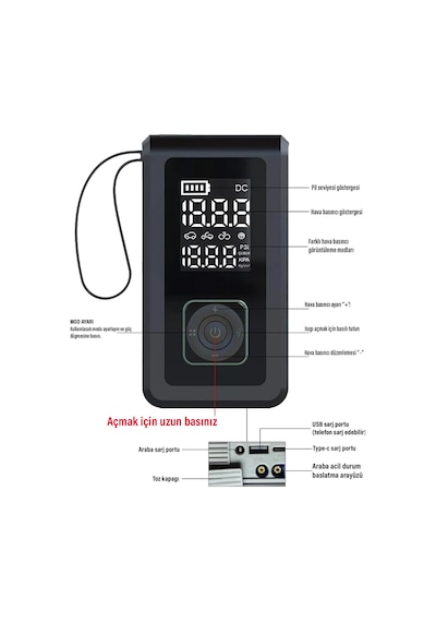 Exenar - Siyah - Akü Takviye Cihazı Hava Pompası 150psi Powerbank 8000mah 1000a Jump Starter Marş Basma Led Fenerli