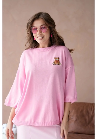 Park Karon 10729 Kadın Bisiklet Yaka Nakış Detay Oversize Trko Kazak Pembe
