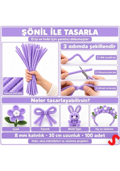 Şönil Çubuk 8 Mm Kalınlık 30 Cm Uzunluk, 100 Adet - Lila