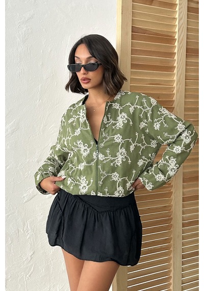 Verymoda Çiçek Nakışlı Fermuarlı Ceket F1948 Haki