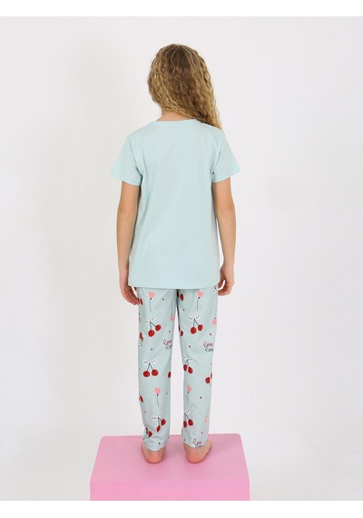 Kız Çocuk Kısa Kollu %100 Pamuklu Pijama Takımı Cherry Mint