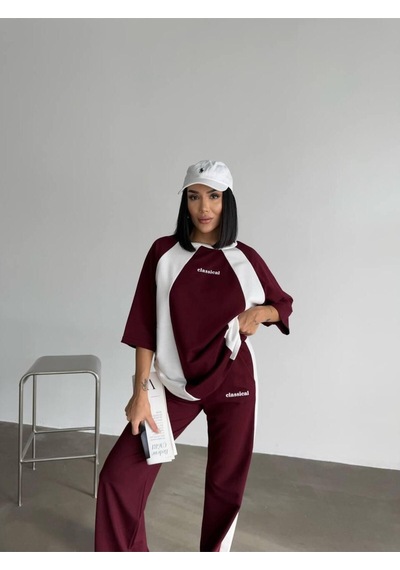 Oversize Yazı Detaylı Unisex Eşofman Takımı Yüksek Bel, Dijital Baskı, Rahat Kesim Bordo